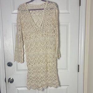 Cream beige Crochet lace dress coverup Vneck beach resort vacation swim cover